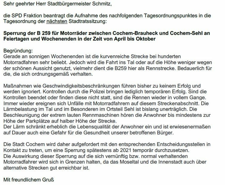 SPD will B259 zwischen Cochem-Brauheck und Cochem-Sehl sperren lassen
- auch in der MOTORRAD NACHRICHTEN APP