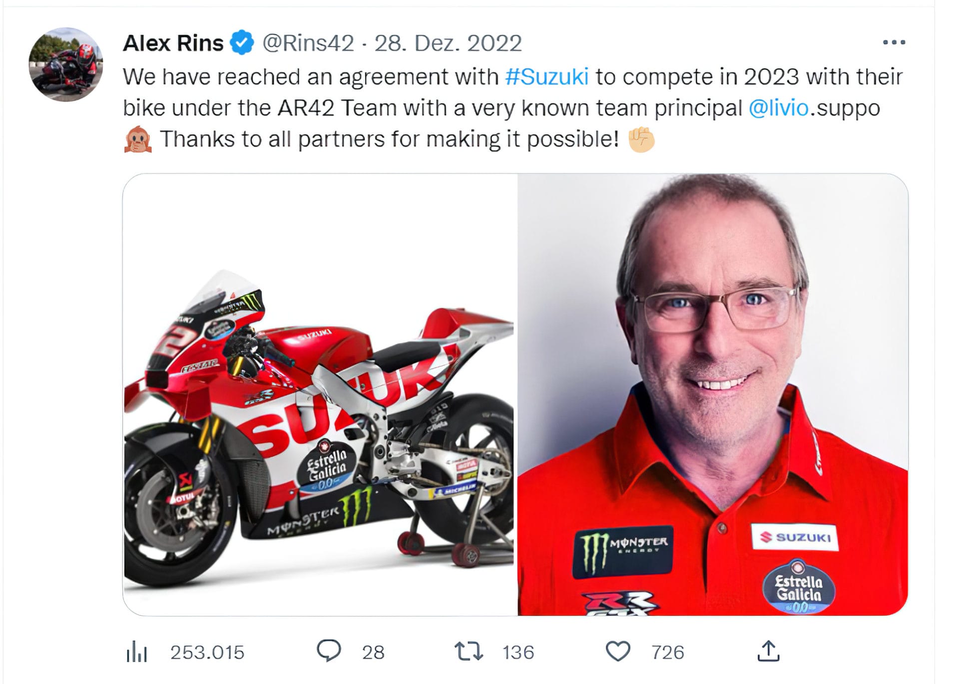 Alex Rins announces Suzuki’s return to MotoGP, but…
